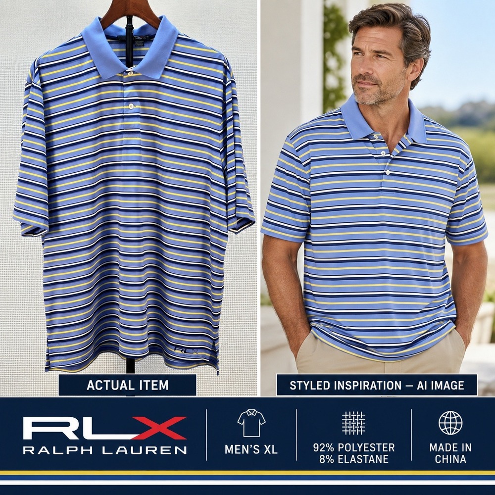 RLX Ralph Lauren Mens Polo‎ Shirt XL Blue Yellow Striped Short Sleeve Golf Tech